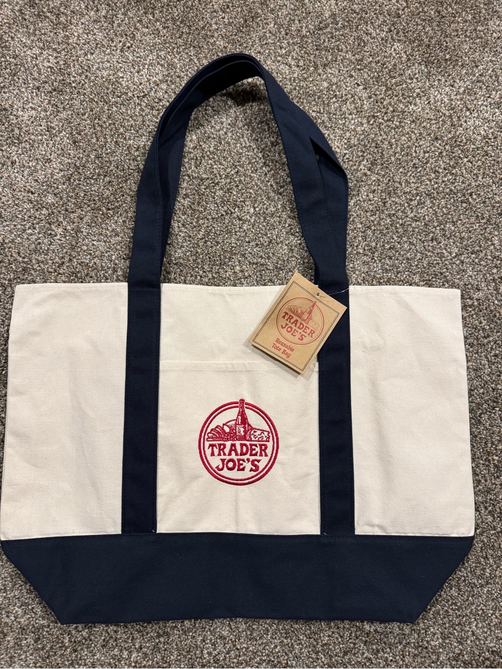 Trader Joe’s: Canvas Large Tote Bag in Navy and Cream NEW WITH TAGS (21”x11”)